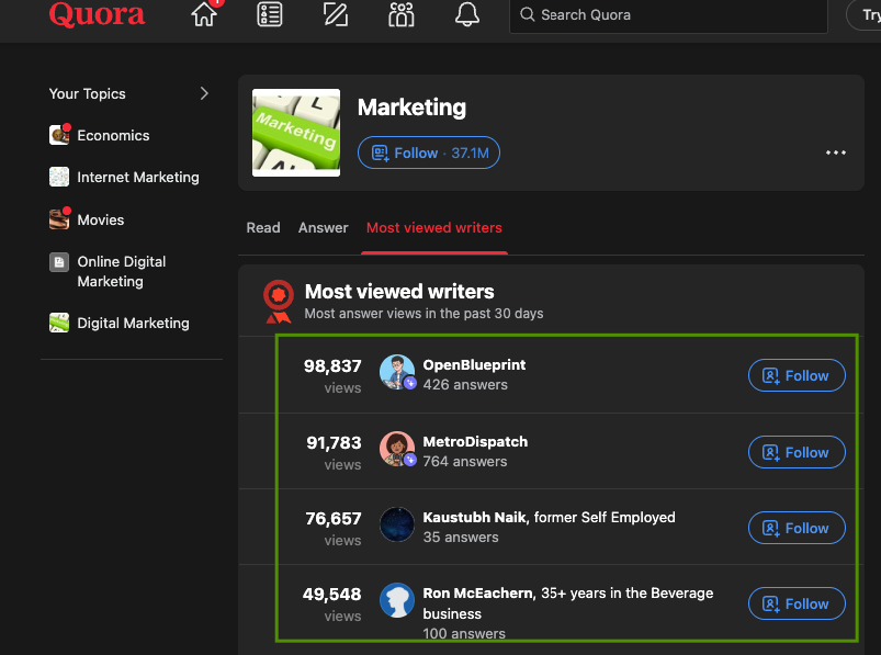 Quora link building community