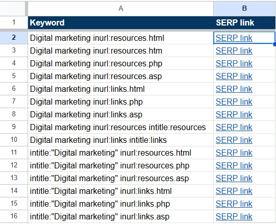 keywords in the highlighted cells
