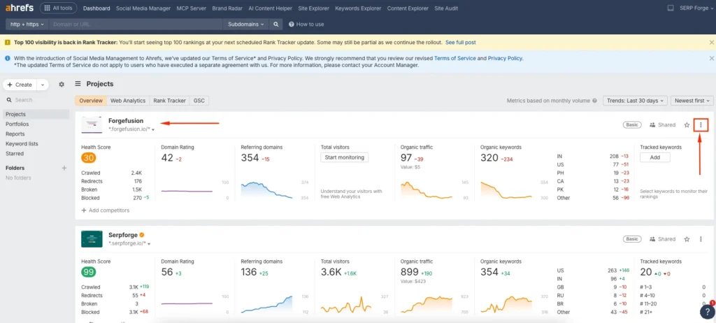 Delete Project from Dashboard