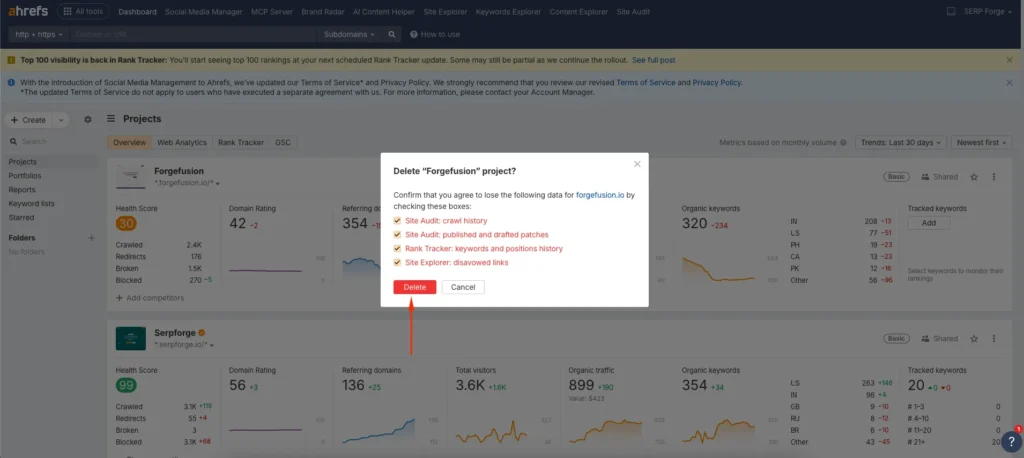 Delete Project from Dashboard