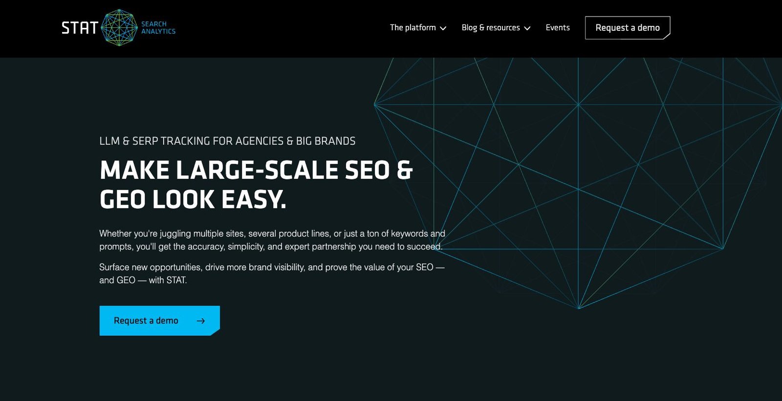 STAT Search Analytics homepage: Make Large-Scale SEO & GEO Look Easy LLM and SERP tracking platform 