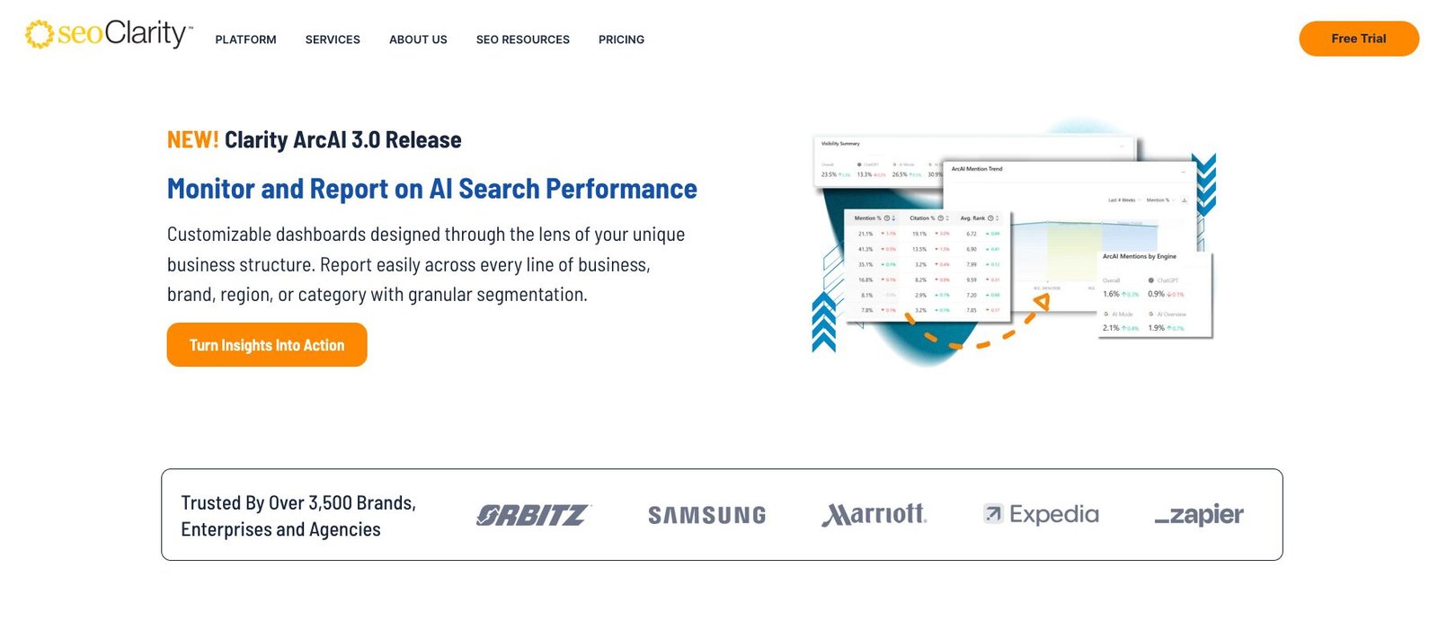 seoClarity homepage: Monitor AI Search Performance with ArcAI 3.0, trusted by 3,500+ brands
