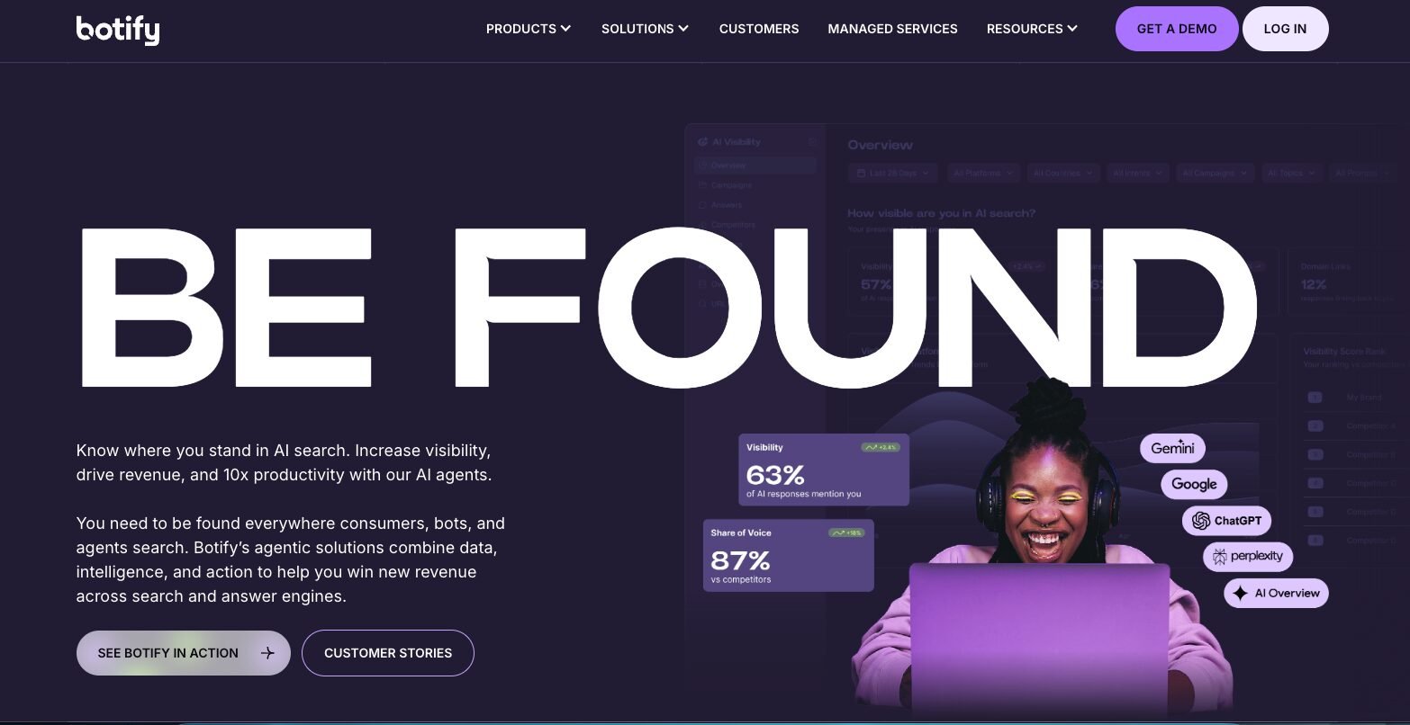  Botify homepage: Be Found AI search visibility platform showing 63% visibility and 87% share of voice 