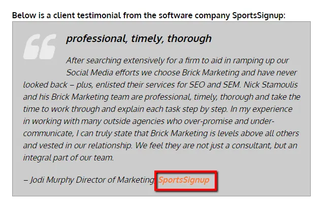 testimonial backlink example
